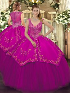 Comfortable Sleeveless Taffeta and Tulle Floor Length Zipper Quinceanera Dresses in Fuchsia with Beading and Embroidery