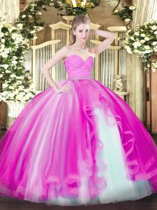Romantic Sleeveless Tulle Floor Length Zipper Quinceanera Gowns in Fuchsia with Beading and Lace and Ruffles
