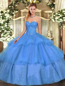 Latest Baby Blue Ball Gowns Tulle Sweetheart Sleeveless Beading and Ruffled Layers Floor Length Lace Up Sweet 16 Dress
