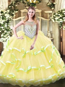 Exceptional Yellow Green and Light Yellow Scoop Zipper Beading and Ruffled Layers Sweet 16 Dresses Sleeveless