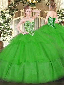 Gorgeous Green Tulle Lace Up Quinceanera Gowns Sleeveless Floor Length Beading and Ruffled Layers