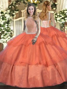 Classical High-neck Sleeveless Lace Up Quinceanera Dresses Orange Red Tulle