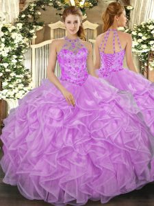 High Quality Lilac Sleeveless Beading and Ruffles Floor Length Quinceanera Gowns