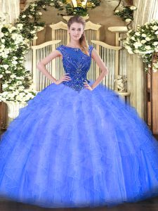 Fabulous Floor Length Blue 15th Birthday Dress Tulle Sleeveless Beading and Ruffles