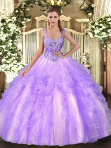 High End Lavender Sleeveless Tulle Lace Up Quinceanera Dresses for Military Ball and Sweet 16 and Quinceanera