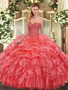 Attractive Sleeveless Organza Floor Length Lace Up Sweet 16 Quinceanera Dress in Coral Red with Beading and Ruffles and Pick Ups