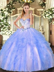 Gorgeous Blue And White Ball Gowns Tulle Sweetheart Sleeveless Beading and Ruffles Floor Length Lace Up Quinceanera Gowns