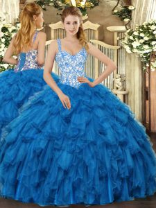 Fancy Blue Lace Up Straps Beading and Ruffles 15 Quinceanera Dress Organza Sleeveless