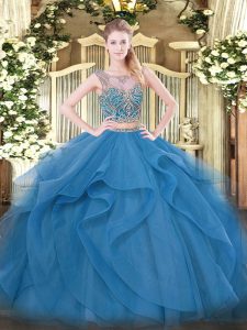 Smart Scoop Sleeveless Quince Ball Gowns Floor Length Beading and Ruffles Blue Tulle