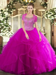 Deluxe Fuchsia Ball Gowns Scoop Sleeveless Tulle Floor Length Clasp Handle Beading and Ruffled Layers Quinceanera Gowns