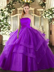 Elegant Eggplant Purple Ball Gowns Ruffled Layers Sweet 16 Dress Lace Up Tulle Sleeveless Floor Length