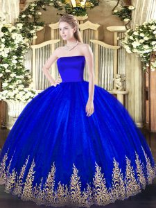 Sweet Floor Length Blue Vestidos de Quinceanera Tulle Sleeveless Appliques