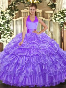 Lavender Halter Top Neckline Ruffled Layers and Pick Ups Quinceanera Dresses Sleeveless Lace Up