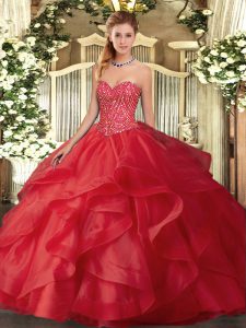 Perfect Beading and Ruffles Quinceanera Gowns Red Lace Up Sleeveless Floor Length