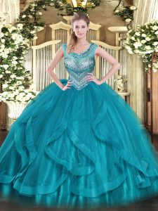 Teal Scoop Lace Up Beading and Ruffles Vestidos de Quinceanera Sleeveless