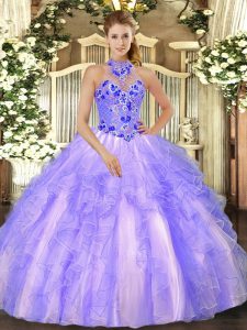 Dramatic Floor Length Lavender Sweet 16 Dresses Halter Top Sleeveless Lace Up