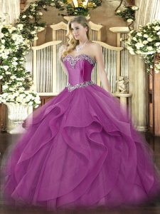 Captivating Fuchsia Sweetheart Lace Up Beading and Ruffles Sweet 16 Dress Sleeveless
