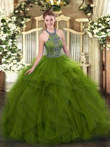 Inexpensive Ball Gowns 15 Quinceanera Dress Olive Green Halter Top Tulle Sleeveless Floor Length Lace Up