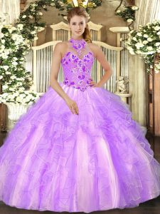 New Arrival Lilac Organza Lace Up Halter Top Sleeveless Floor Length Vestidos de Quinceanera Embroidery