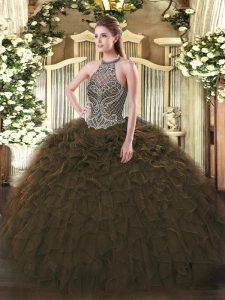 Lovely Olive Green Sleeveless Floor Length Beading and Ruffles Lace Up Quince Ball Gowns