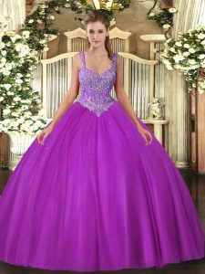 Extravagant Fuchsia V-neck Lace Up Beading Quince Ball Gowns Sleeveless
