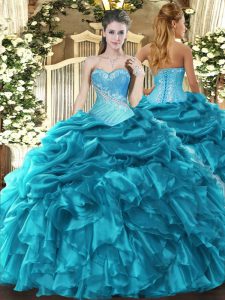Teal Sleeveless Beading and Ruffles and Pick Ups Floor Length Quinceanera Gown