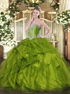 Glittering Floor Length Olive Green Sweet 16 Dress Sweetheart Sleeveless Lace Up