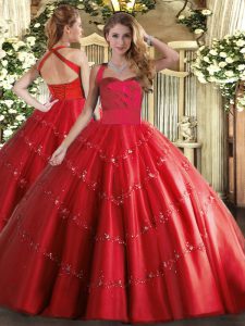 Floor Length Red Quinceanera Gown Halter Top Sleeveless Lace Up