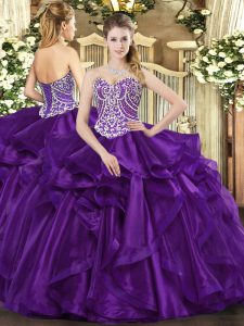 Traditional Purple Sweetheart Neckline Beading and Ruffles Quinceanera Dresses Sleeveless Lace Up