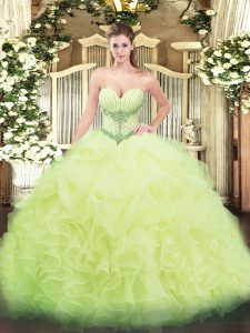 On Sale Floor Length Yellow Green 15 Quinceanera Dress Organza Sleeveless Beading and Ruffles and Pick Ups