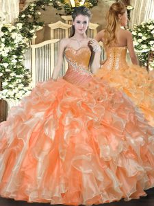 Orange Red Organza Lace Up Sweetheart Sleeveless Floor Length Ball Gown Prom Dress Beading and Ruffles