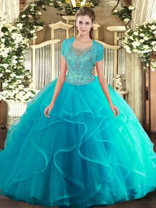 Sleeveless Tulle Floor Length Clasp Handle Sweet 16 Dress in Aqua Blue with Beading and Ruffled Layers
