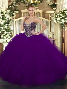 Beading and Ruffles 15th Birthday Dress Dark Purple Lace Up Sleeveless Floor Length