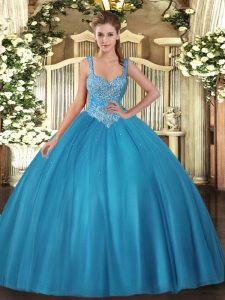 Amazing Sleeveless Floor Length Beading Lace Up Ball Gown Prom Dress with Teal