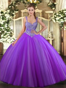 Floor Length Purple Quince Ball Gowns V-neck Sleeveless Lace Up
