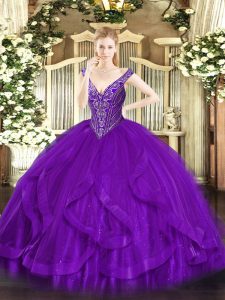 Excellent Beading and Ruffles Quinceanera Gowns Purple Lace Up Sleeveless Floor Length