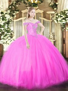 Exceptional Fuchsia Off The Shoulder Neckline Beading Quinceanera Dress Sleeveless Lace Up