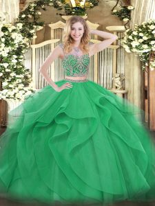 Latest Beading and Ruffles Sweet 16 Dress Green Lace Up Sleeveless Floor Length