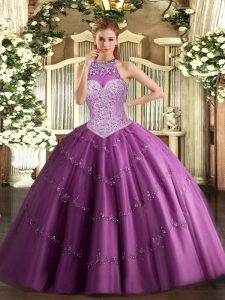 Superior Fuchsia Tulle Lace Up Halter Top Sleeveless Floor Length 15 Quinceanera Dress Beading and Appliques