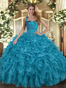 Customized Halter Top Sleeveless Lace Up Quinceanera Gown Teal Organza