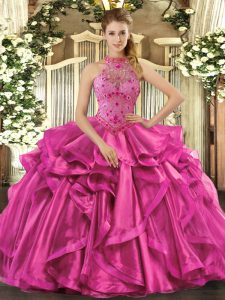 Low Price Fuchsia Sleeveless Floor Length Beading and Embroidery and Ruffles Lace Up Vestidos de Quinceanera