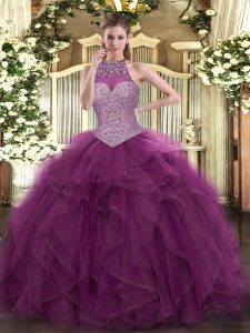 Burgundy Halter Top Lace Up Beading Quinceanera Dresses Sleeveless
