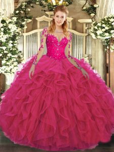 Tulle Scoop Long Sleeves Lace Up Lace and Ruffles Sweet 16 Quinceanera Dress in Hot Pink