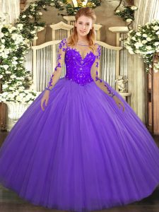 Charming Scoop Long Sleeves Quince Ball Gowns Floor Length Lace Lavender Tulle