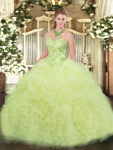 Modern Yellow Green Organza Lace Up Quinceanera Gowns Sleeveless Floor Length Appliques and Ruffles