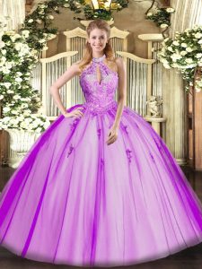 Glorious Fuchsia Tulle Lace Up Halter Top Sleeveless Floor Length Sweet 16 Quinceanera Dress Lace and Appliques