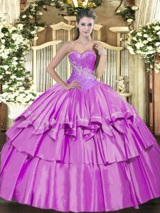 Lilac Ball Gowns Beading and Ruffled Layers 15 Quinceanera Dress Lace Up Organza and Taffeta Sleeveless Floor Length