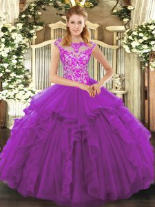 High Class Scoop Cap Sleeves Sweet 16 Dresses Floor Length Beading and Ruffles Purple Organza