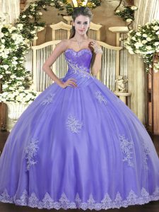 Lavender Ball Gowns Sweetheart Sleeveless Tulle Floor Length Lace Up Beading and Appliques Sweet 16 Dresses
