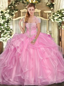 Traditional Strapless Sleeveless Quinceanera Gowns Floor Length Appliques and Ruffles Rose Pink Organza